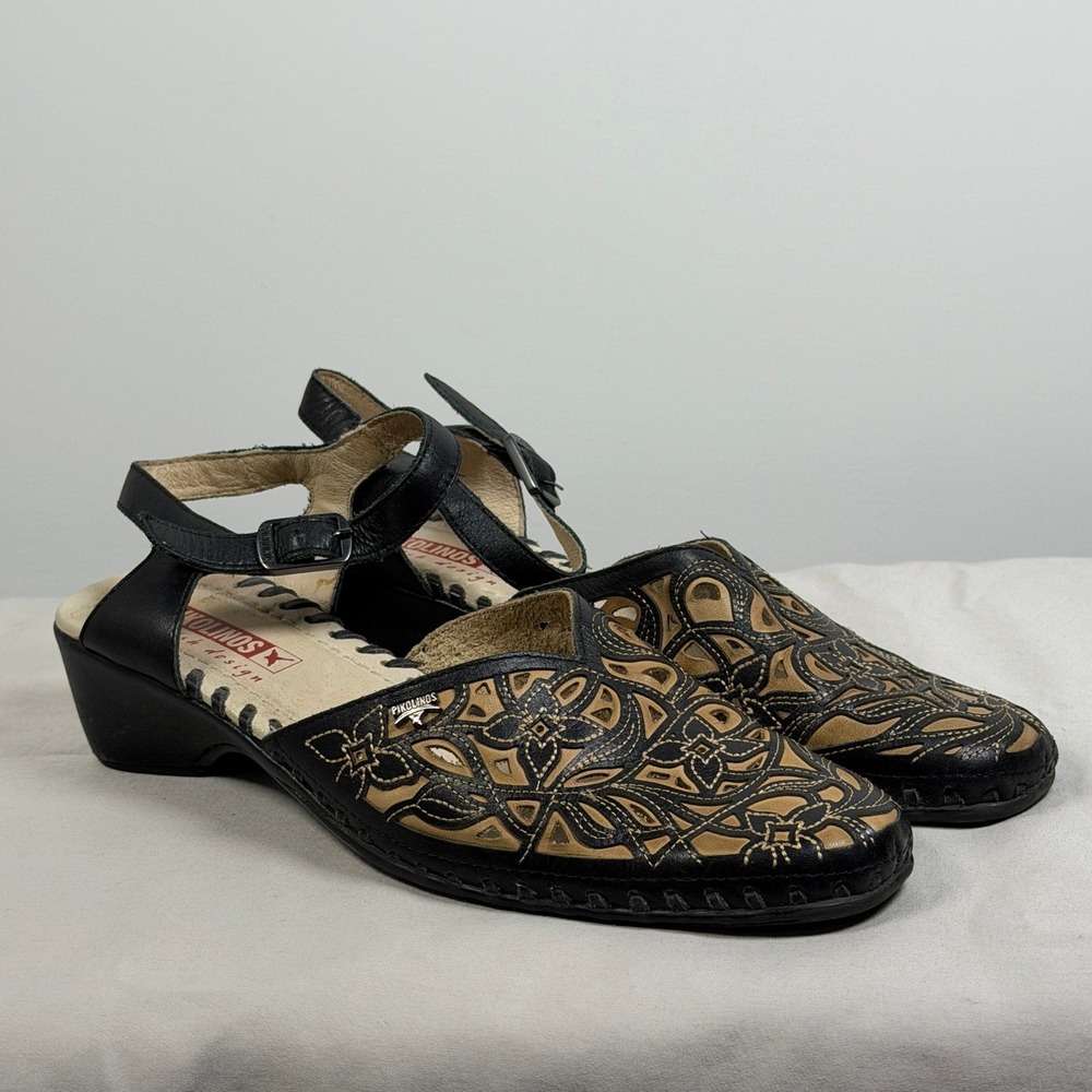 Pikolinos Womens Black Leather Laser Cut Floral Slingback Wedge Sandals Size 39